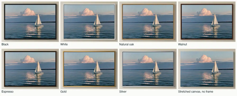 One sailing artwork in eight frame finishes: black, white, natural oak, walnut, espresso, gold, silver and a stretched canvas